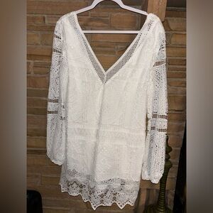 Blue Blush white crochet‎ deep V mini dress